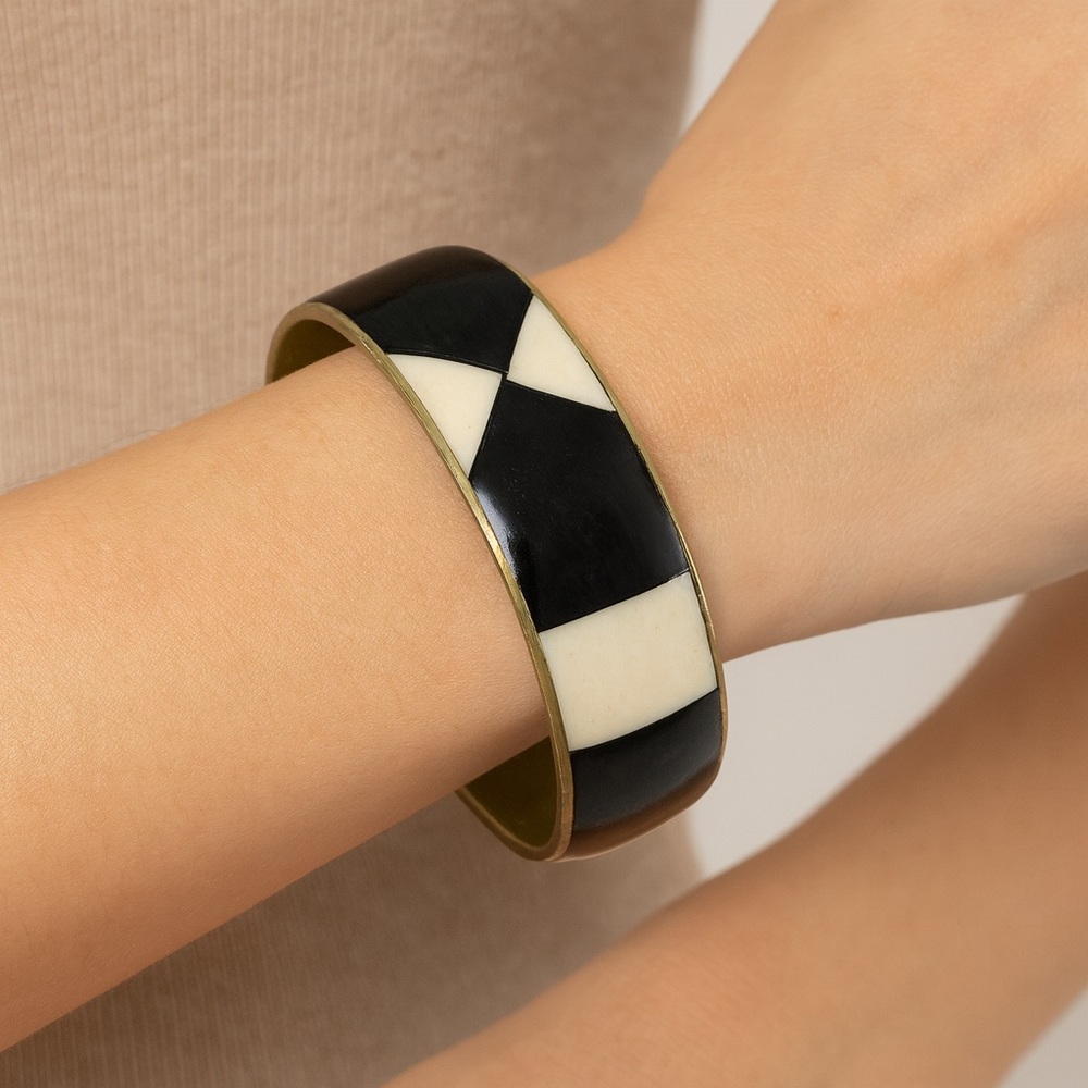VTG 1980s Bangle Bracelet Jet Black & Ivory Chunky Brass Geometric Statement